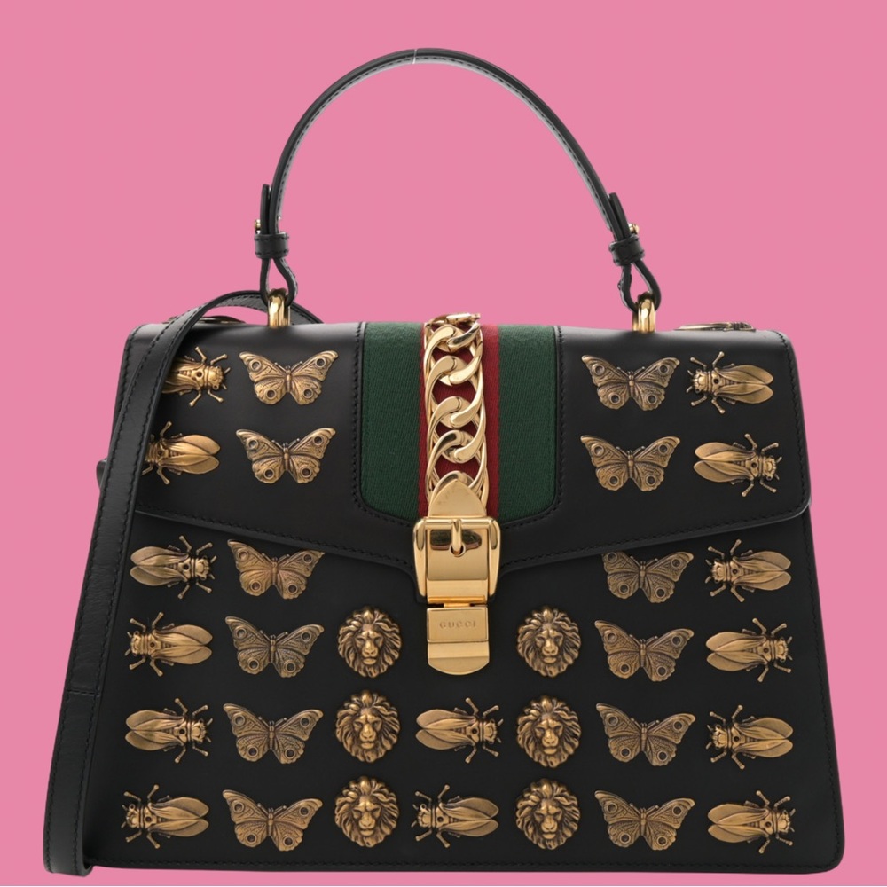 Gucci Calfskin Animal Studs Medium Sylvie Top Handle Bag Black